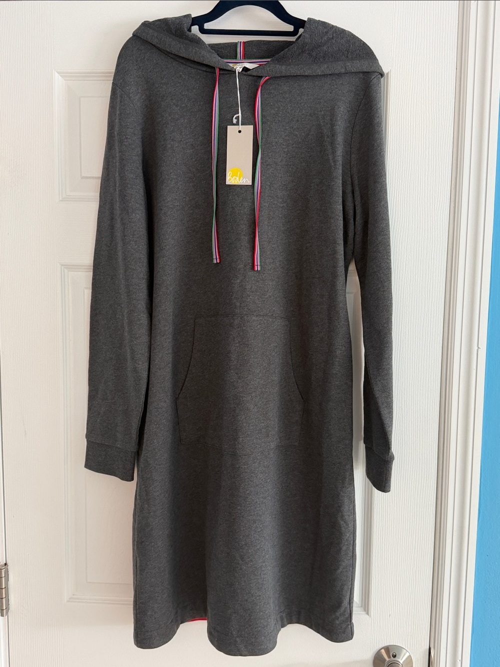 Boden Girls' Charcoal Hoodie Dress with Pink-Trim Drawstrings